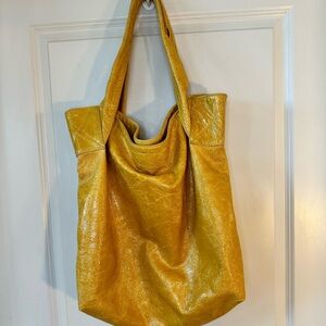 Cammiehill NY Vegan Leather Yellow Mustard Distressed Large Hobo Shoulder Bag